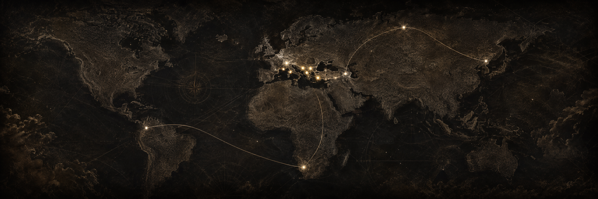 Carte du monde sombre et dorée retraçant le voyage de création des Improbables