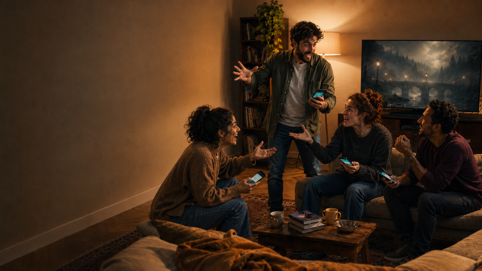 Des amis incarnent ensemble les personnages d’une histoire dans leur salon