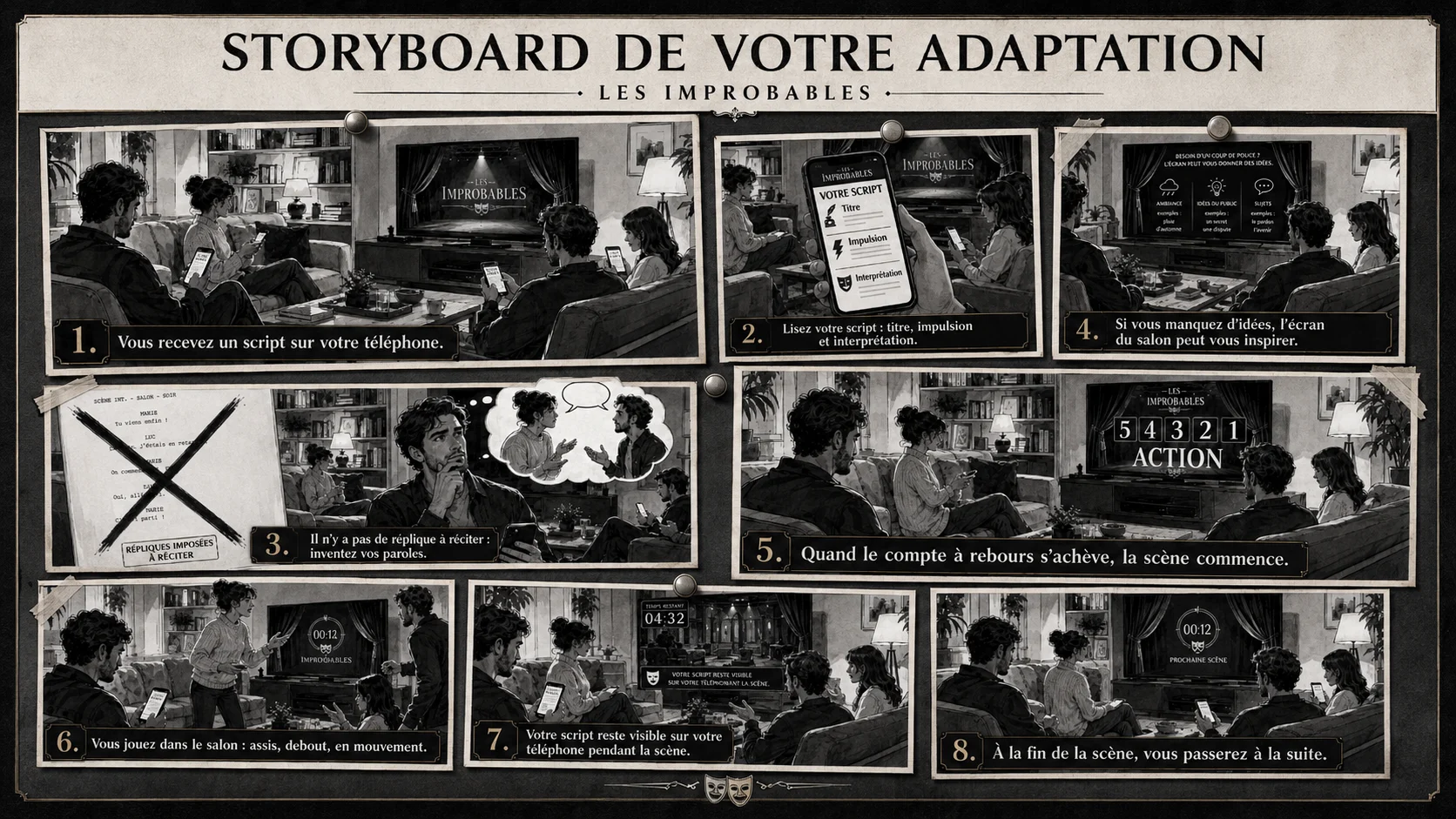 Storyboard en huit étapes montrant le déroulement d’une adaptation Les Improbables